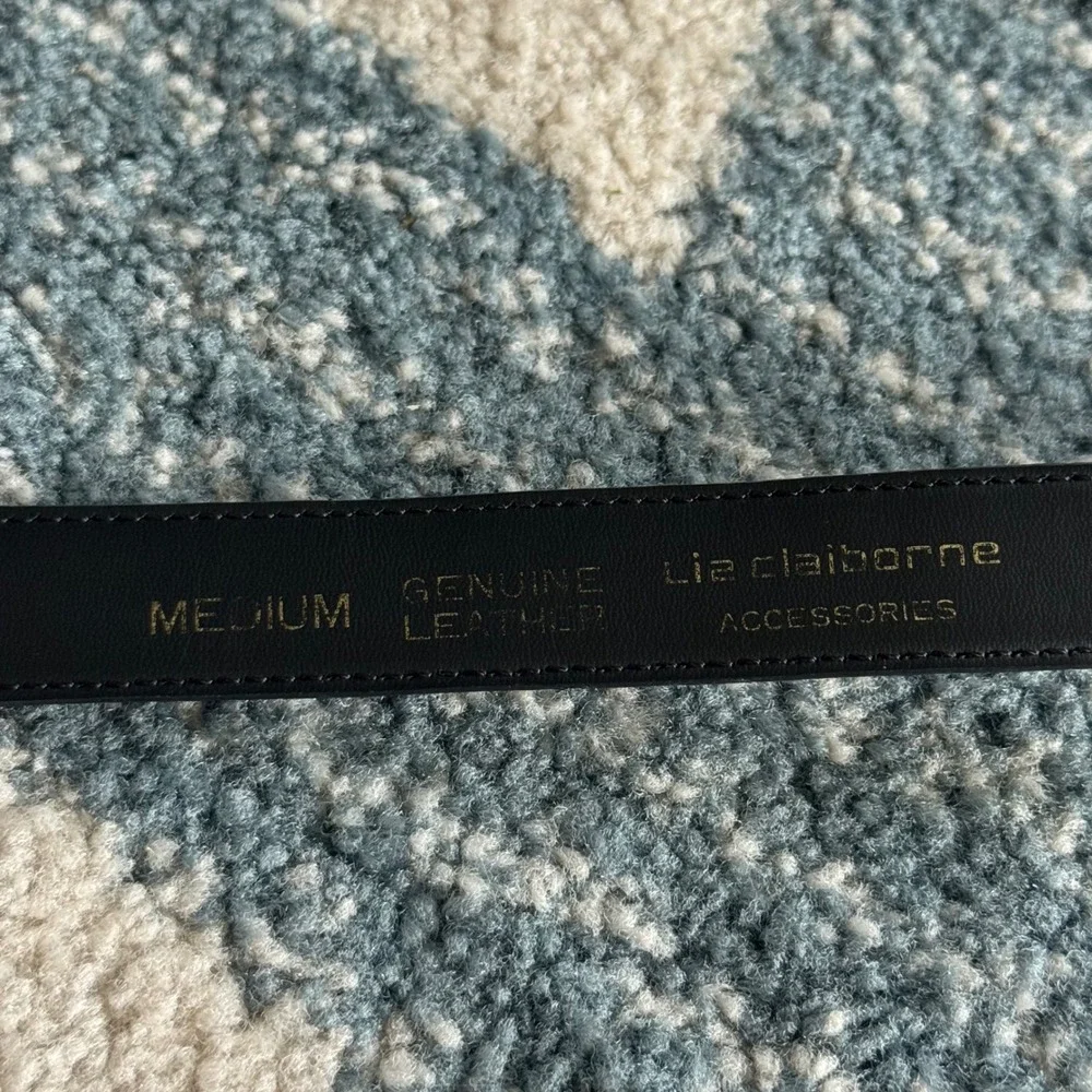 VTG Liz Claiborne Womens Belt Black Leather Lizard Embossed Gold Buckle Medium